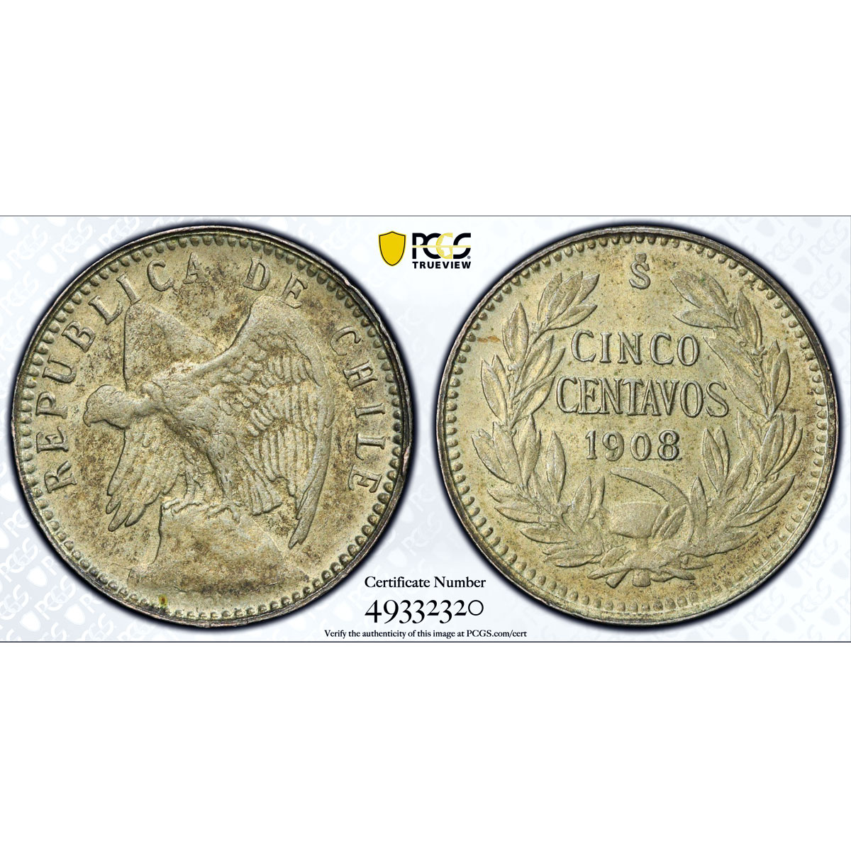 Chile 5 centavos Regular Coinage Condor KM-155.2a AU58 PCGS silver coin 1908