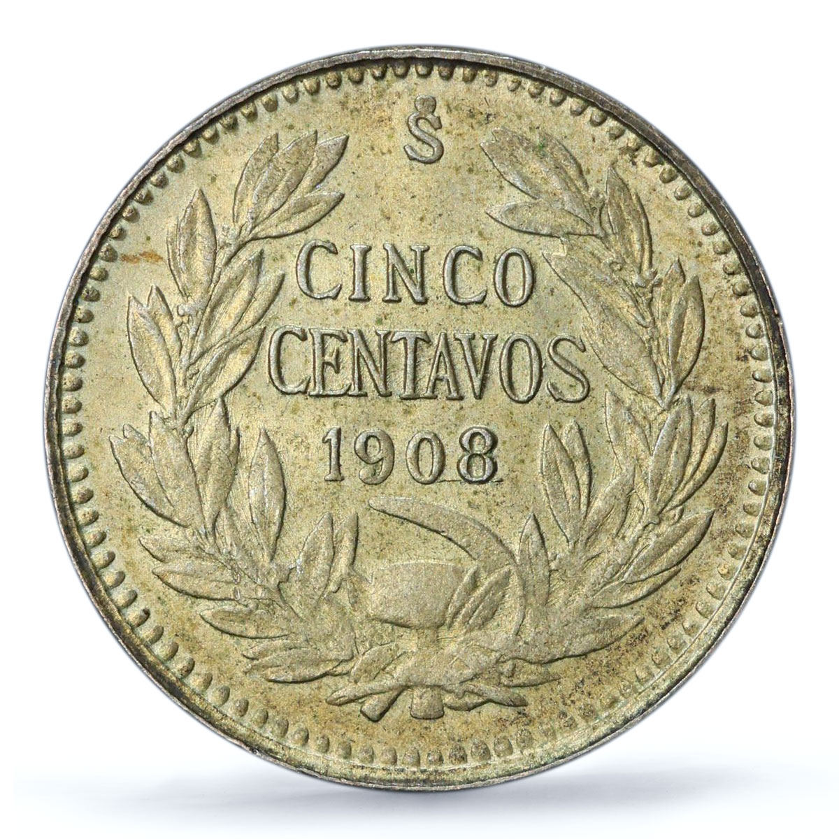 Chile 5 centavos Regular Coinage Condor KM-155.2a AU58 PCGS silver coin 1908