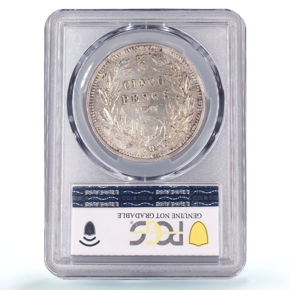 Chile 5 pesos Regular Coinage Condor Narrow 0,9 Below UNC PCGS silver coin 1927