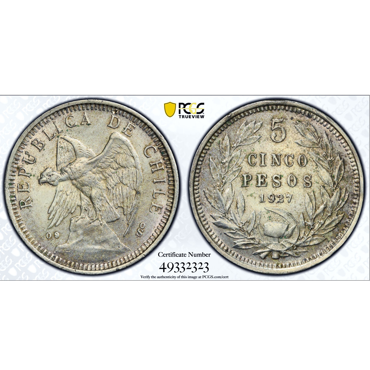 Chile 5 pesos Regular Coinage Condor Narrow 0,9 Below UNC PCGS silver coin 1927