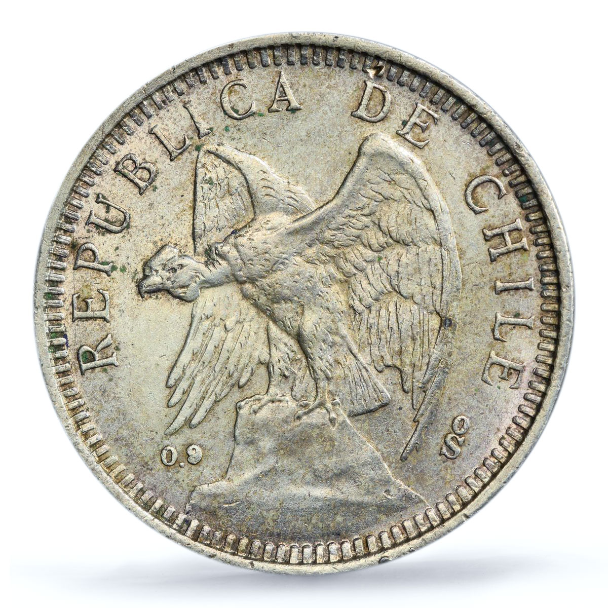 Chile 5 pesos Regular Coinage Condor Narrow 0,9 Below UNC PCGS silver coin 1927