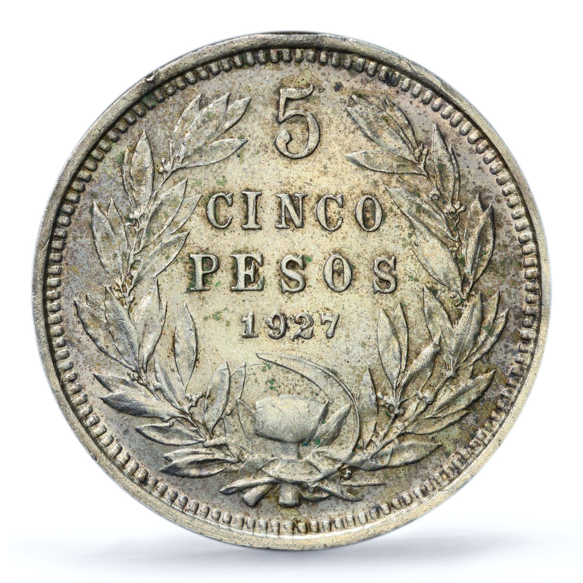 Chile 5 pesos Regular Coinage Condor Narrow 0,9 Below UNC PCGS silver coin 1927