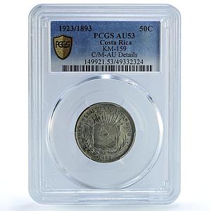 Costa Rica 50 centimos Regular Coinage "1923" KM-159 AU53 PCGS silver coin 1893