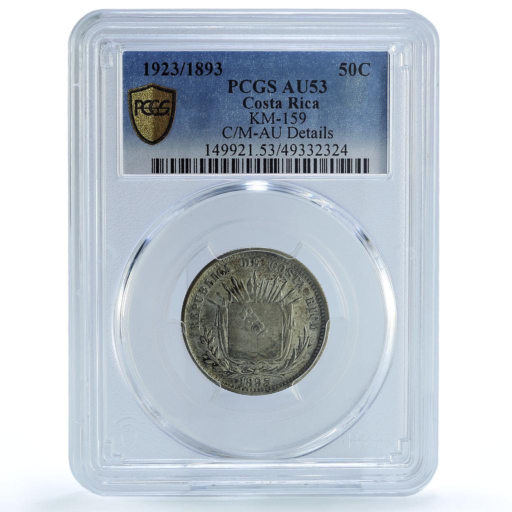 Costa Rica 50 centimos Regular Coinage "1923" KM-159 AU53 PCGS silver coin 1893 Costa Rica 50 centimos Regular Coinage "1923" KM-159 AU53 PCGS silver coin 1893