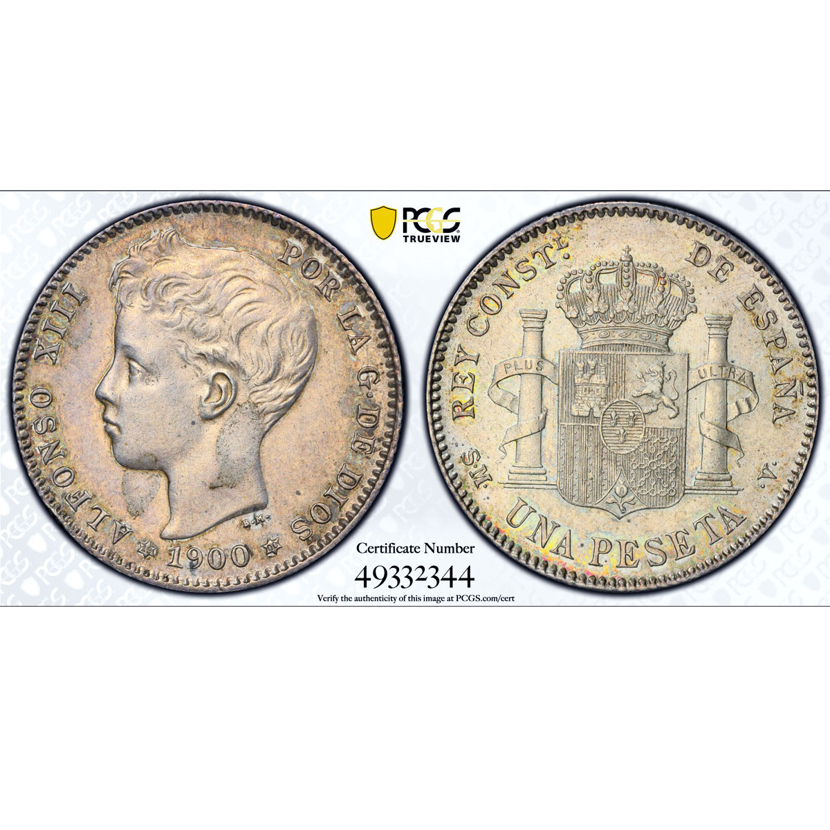 Spain 1 peseta Regular Coinage Child Alfonso KM-706 UNC PCGS silver coin 1900