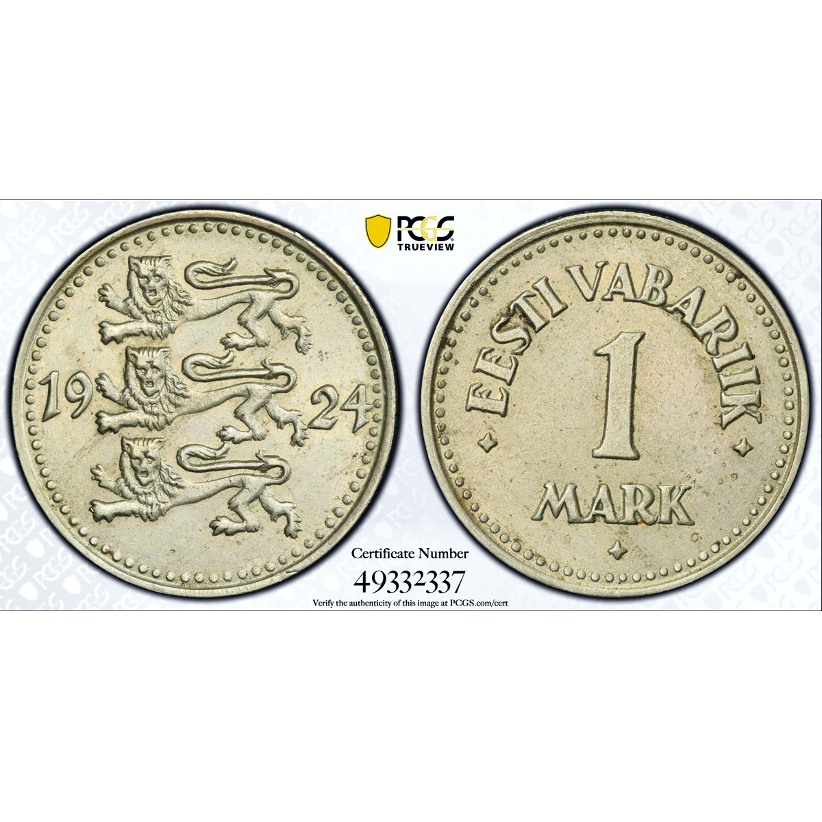 Estonia 1 mark Regular Coinage Lions Arms KM-1a MS63 PCGS NiBronze coin 1924