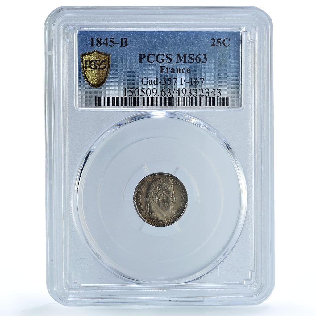 France 25 cents Regular Coinage Louis Philippe KM-755 MS63 PCGS silver coin 1845 France 25 cents Regular Coinage Louis Philippe KM-755 MS63 PCGS silver coin 1845