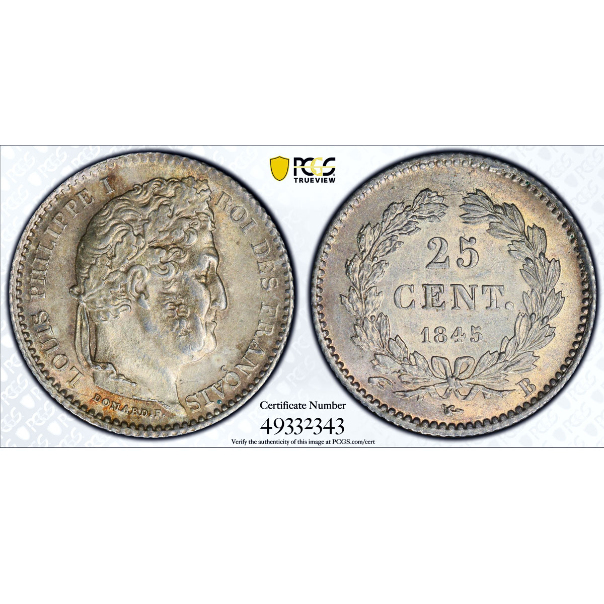 France 25 cents Regular Coinage Louis Philippe KM-755 MS63 PCGS silver coin 1845