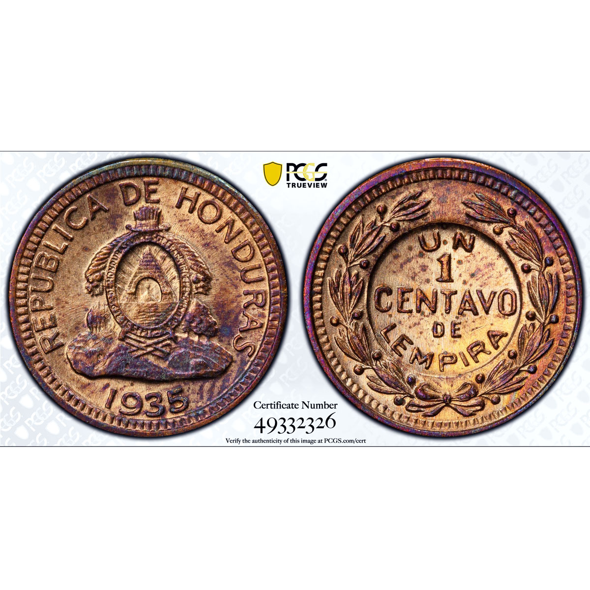 Honduras 1 centavo Regular Coinage Heavy Type KM-77.1 MS64 PCGS bronze coin 1935