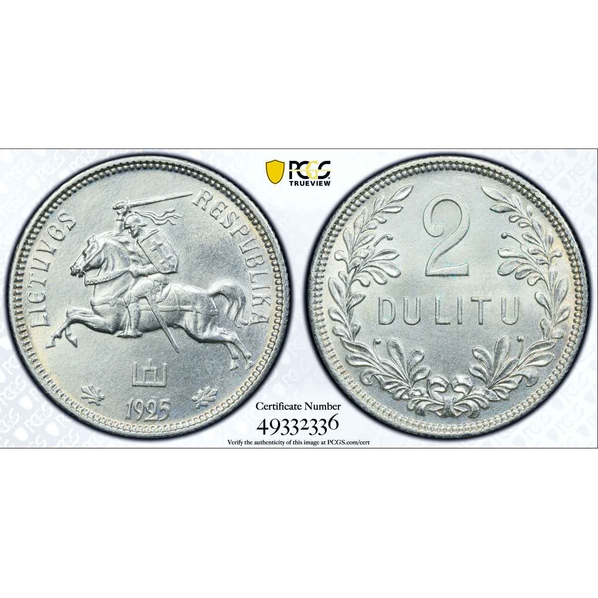 Lithuania 2 litu Republic Regular Coinage KM-77 UNC PCGS silver coin 1925