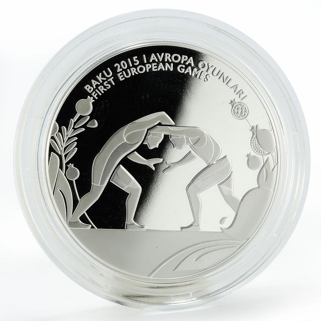 Azerbaijan 5 manat European Games in Baku Wrestling silver coin 2015
