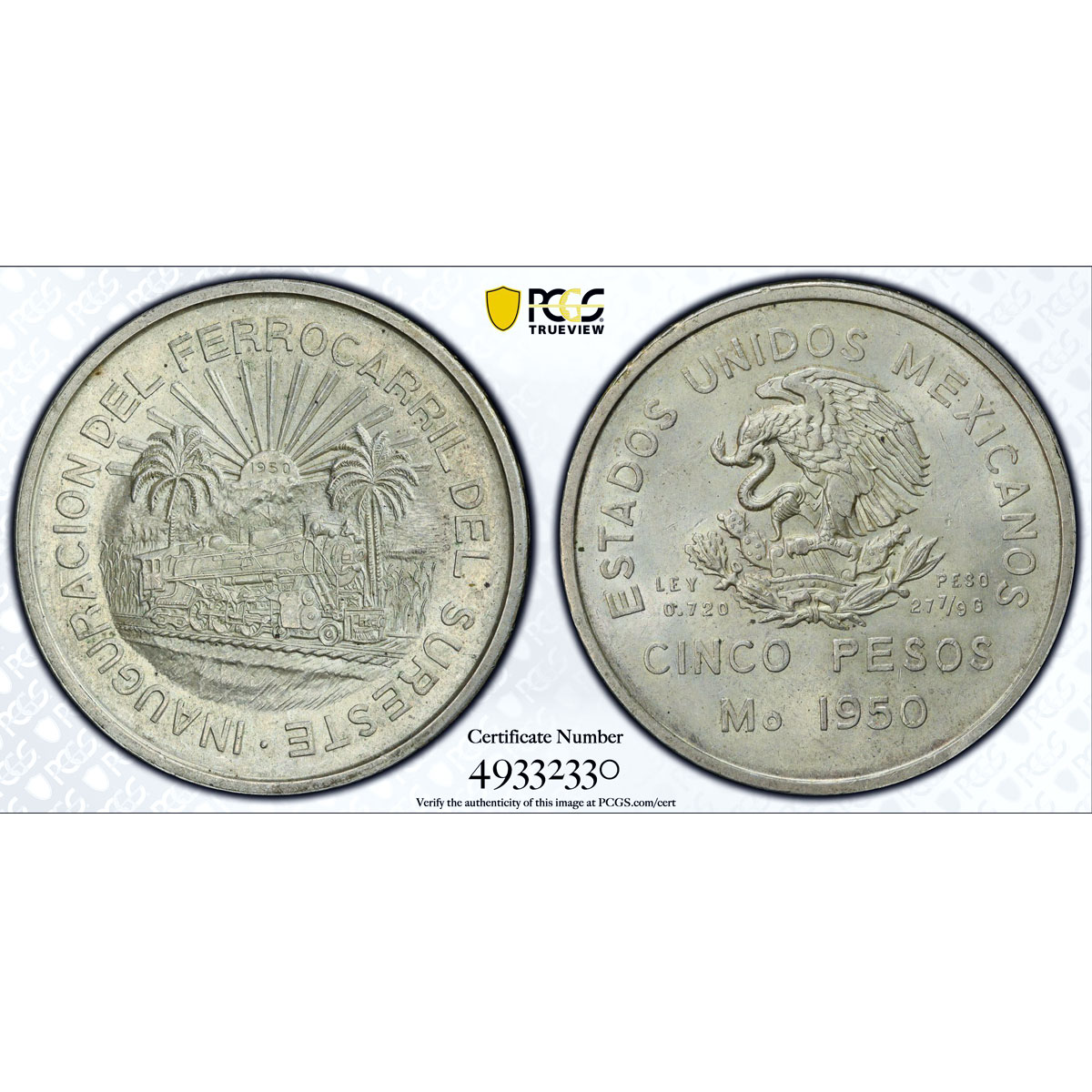 Mexico 5 pesos Southeastern Railroad Opening Train MS63 PCGS silver coin 1950