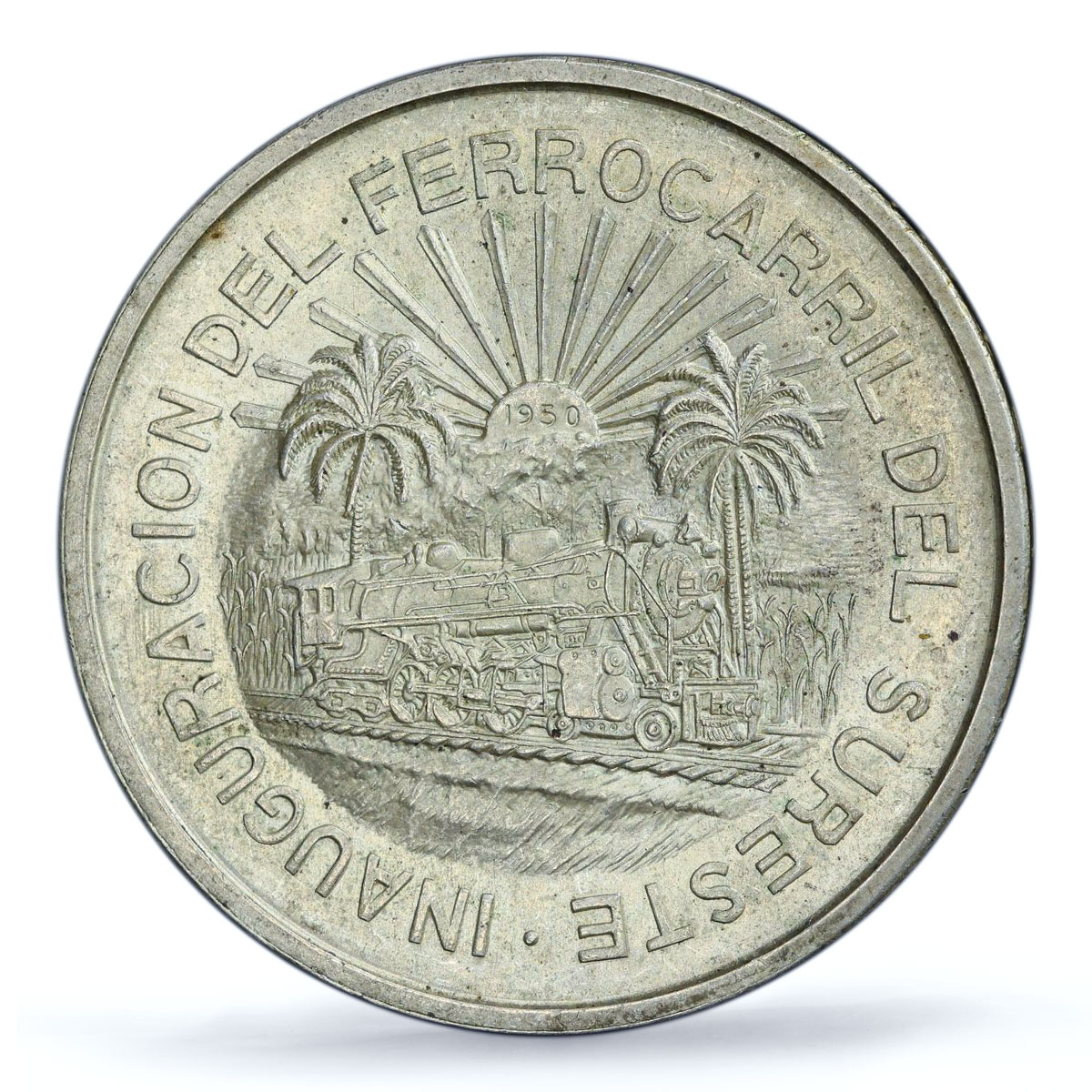 Mexico 5 pesos Southeastern Railroad Opening Train MS63 PCGS silver coin 1950