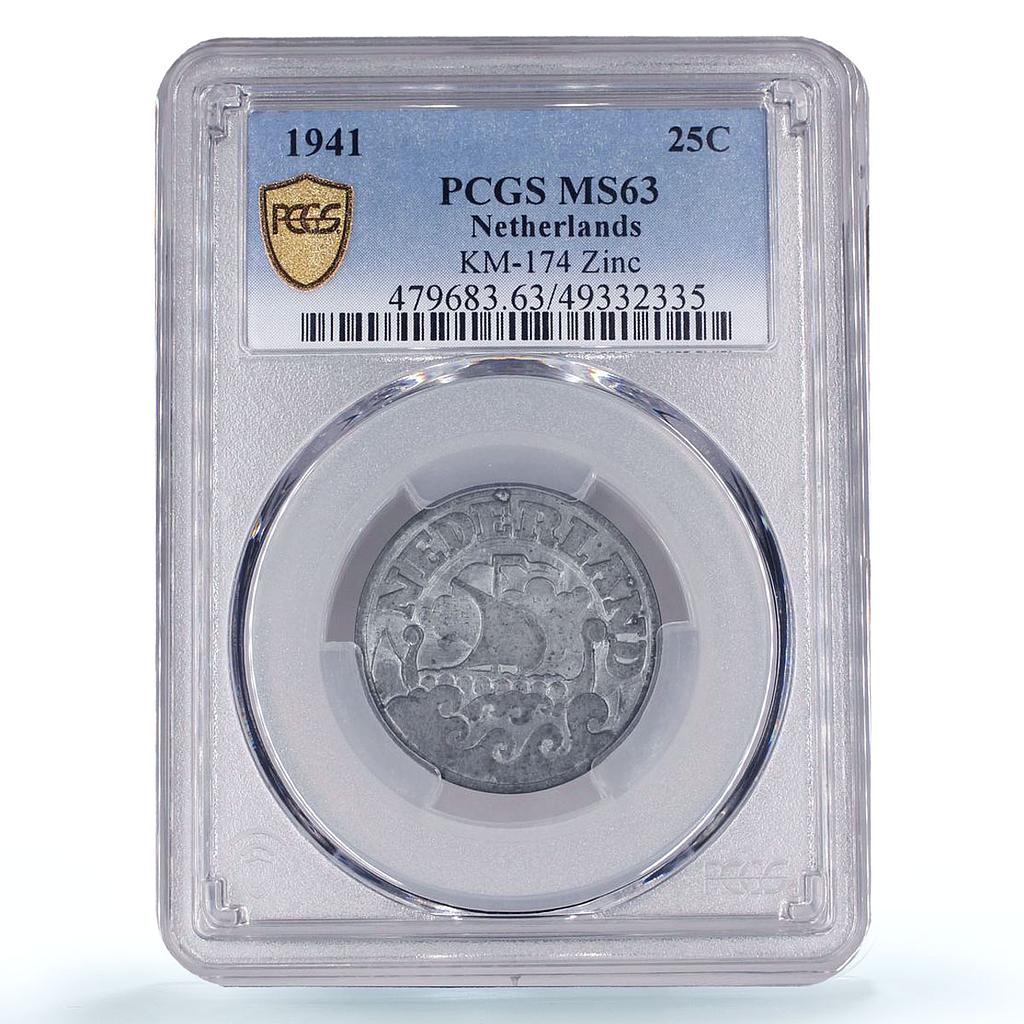 Netherlands 25 cents Regular Coinage German Occupation MS63 PCGS zinc coin 1941