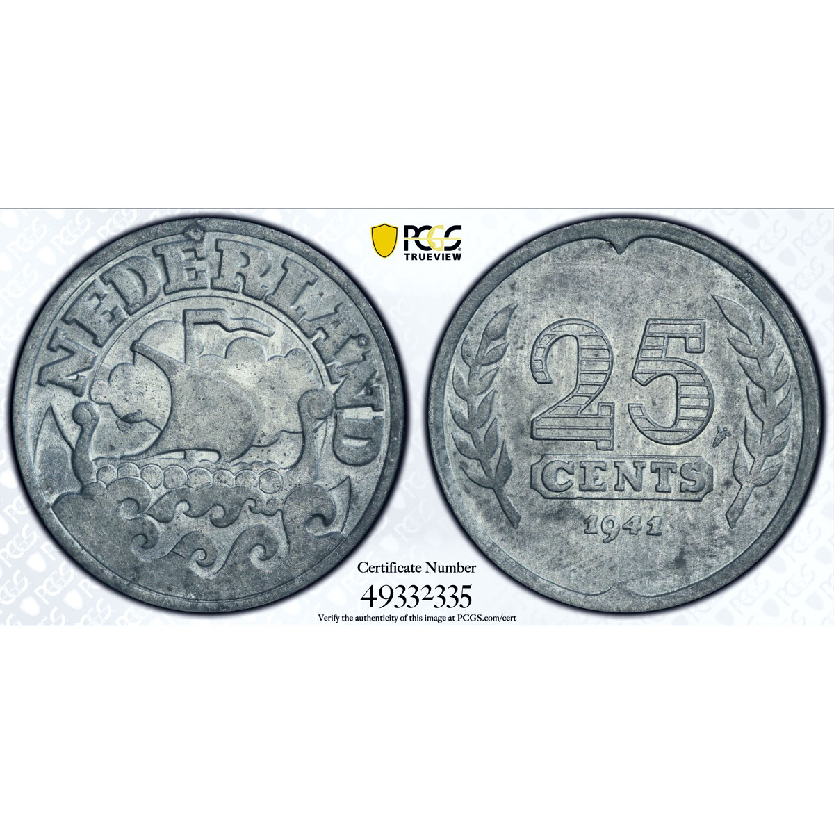 Netherlands 25 cents Regular Coinage German Occupation MS63 PCGS zinc coin 1941