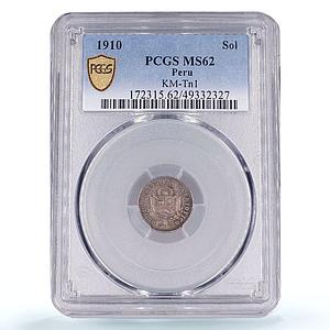 Peru 1 sol Republic In Hoc Signo Vinces KM-Tn1 MS62 PCGS silver coin 1910