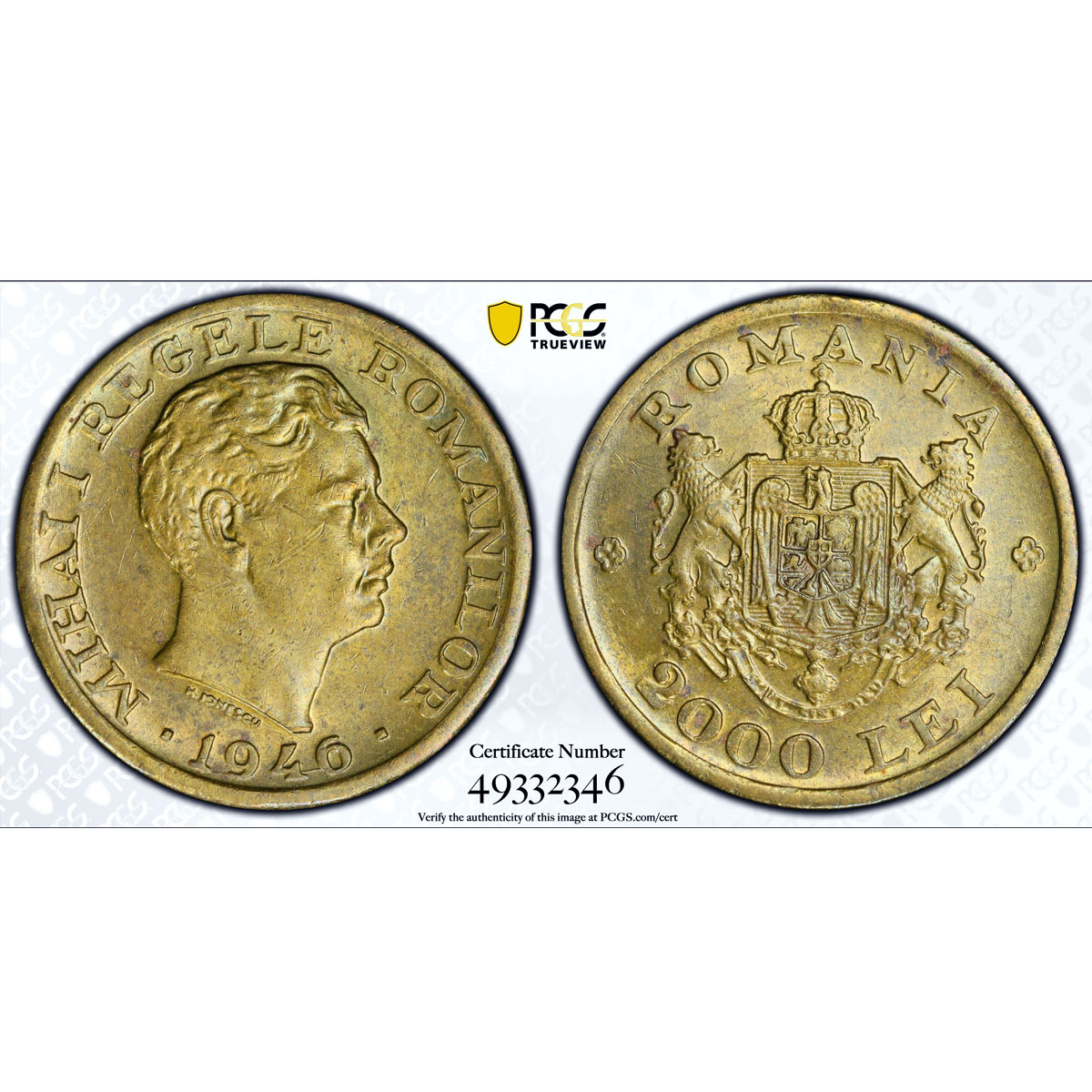 Romania 2000 lei Regular Coinage Mihai I KM-69 MS62 PCGS NiBrass coin 1946
