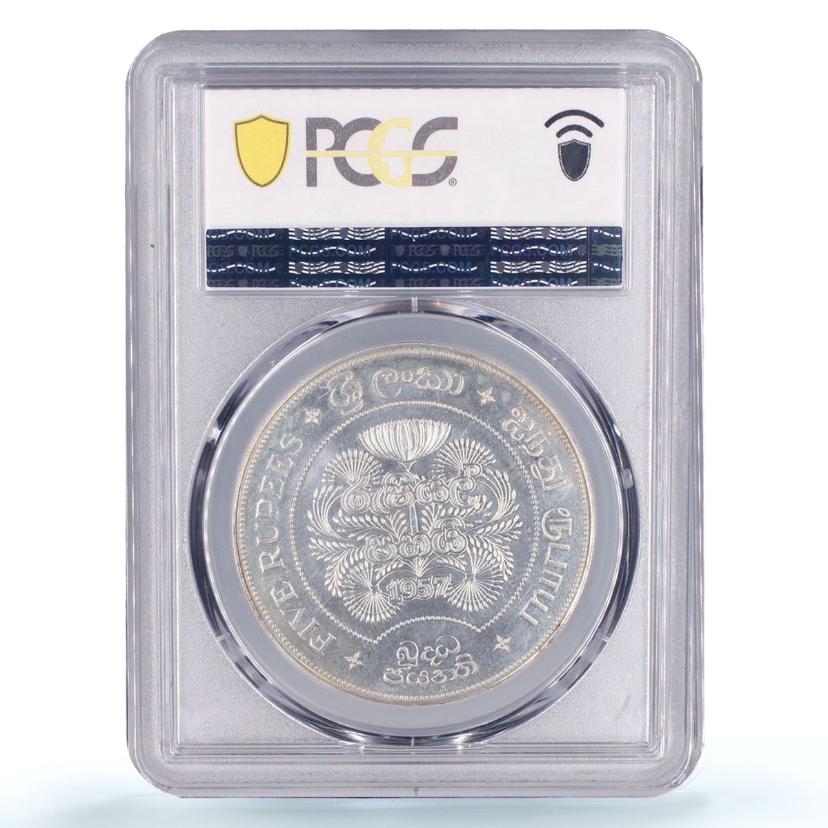 Sri Lanka Ceylon 5 rupees Buddhism 2500 Years Animals PR62 PCGS silver coin 1957