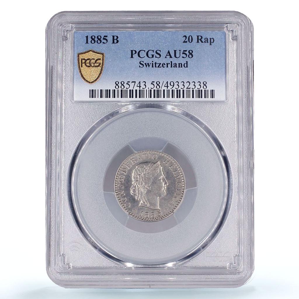Switzerland 20 rapen Regular Coinage Libertas Liberty KM-29 AU58 PCGS coin 1885