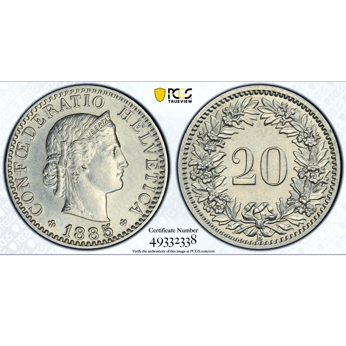 Switzerland 20 rapen Regular Coinage Libertas Liberty KM-29 AU58 PCGS coin 1885