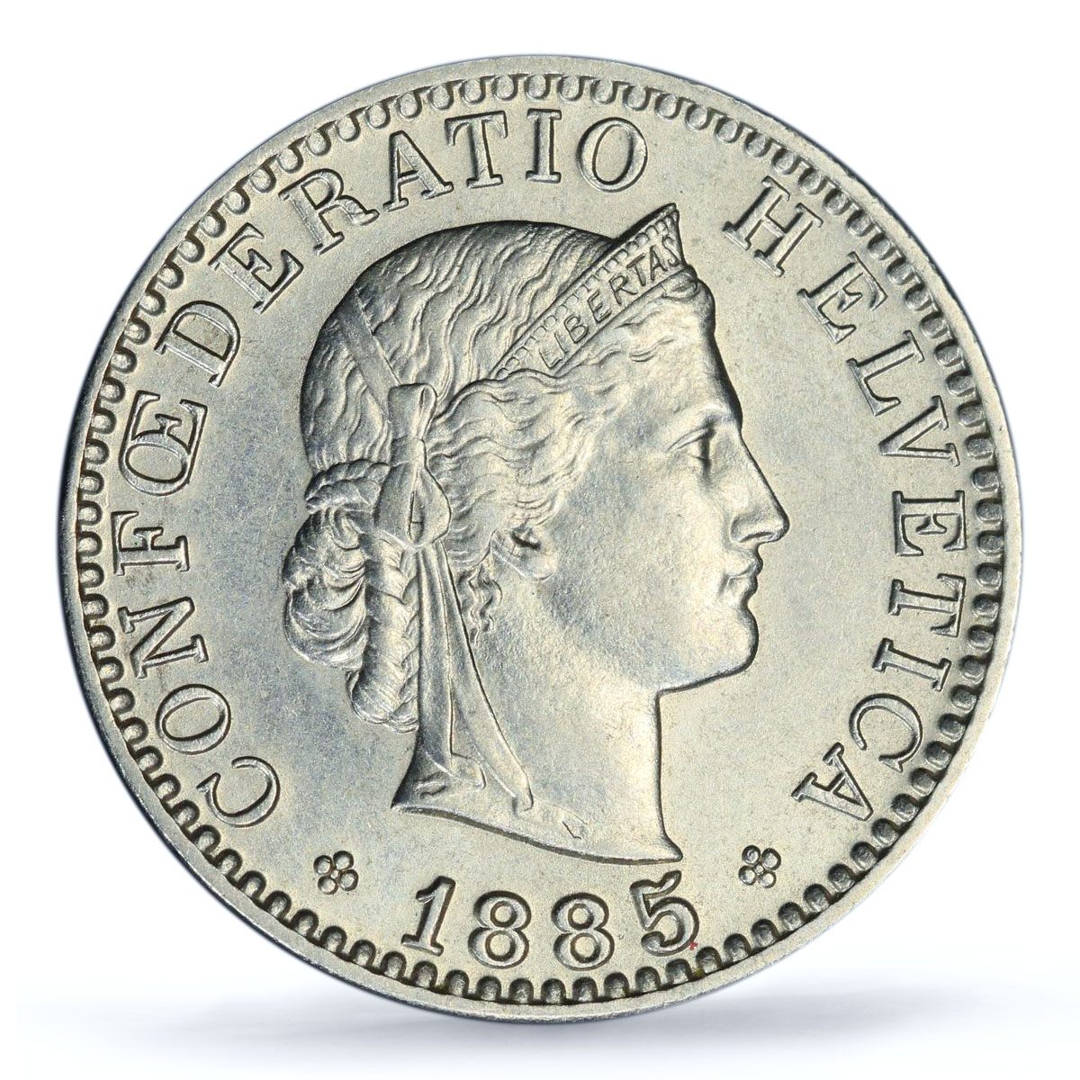 Switzerland 20 rapen Regular Coinage Libertas Liberty KM-29 AU58 PCGS coin 1885