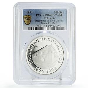 Colombia 10000 pesos Two Worlds Encounter Santa Fe Bogota PR68 PCGS Ag coin 1991