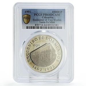Colombia 10000 pesos Two Worlds Encounter Santa Fe Bogota PR64 PCGS Ag coin 1991