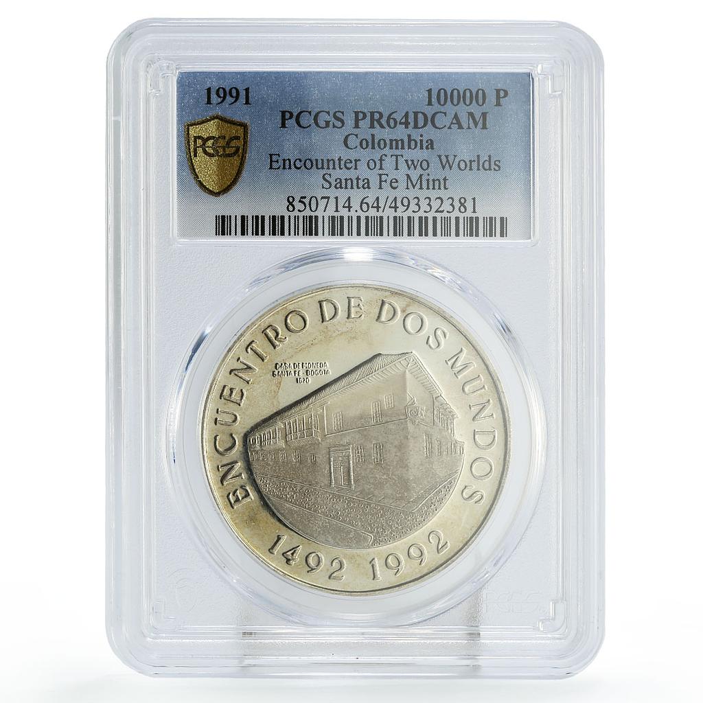 Colombia 10000 pesos Two Worlds Encounter Santa Fe Bogota PR64 PCGS Ag coin 1991