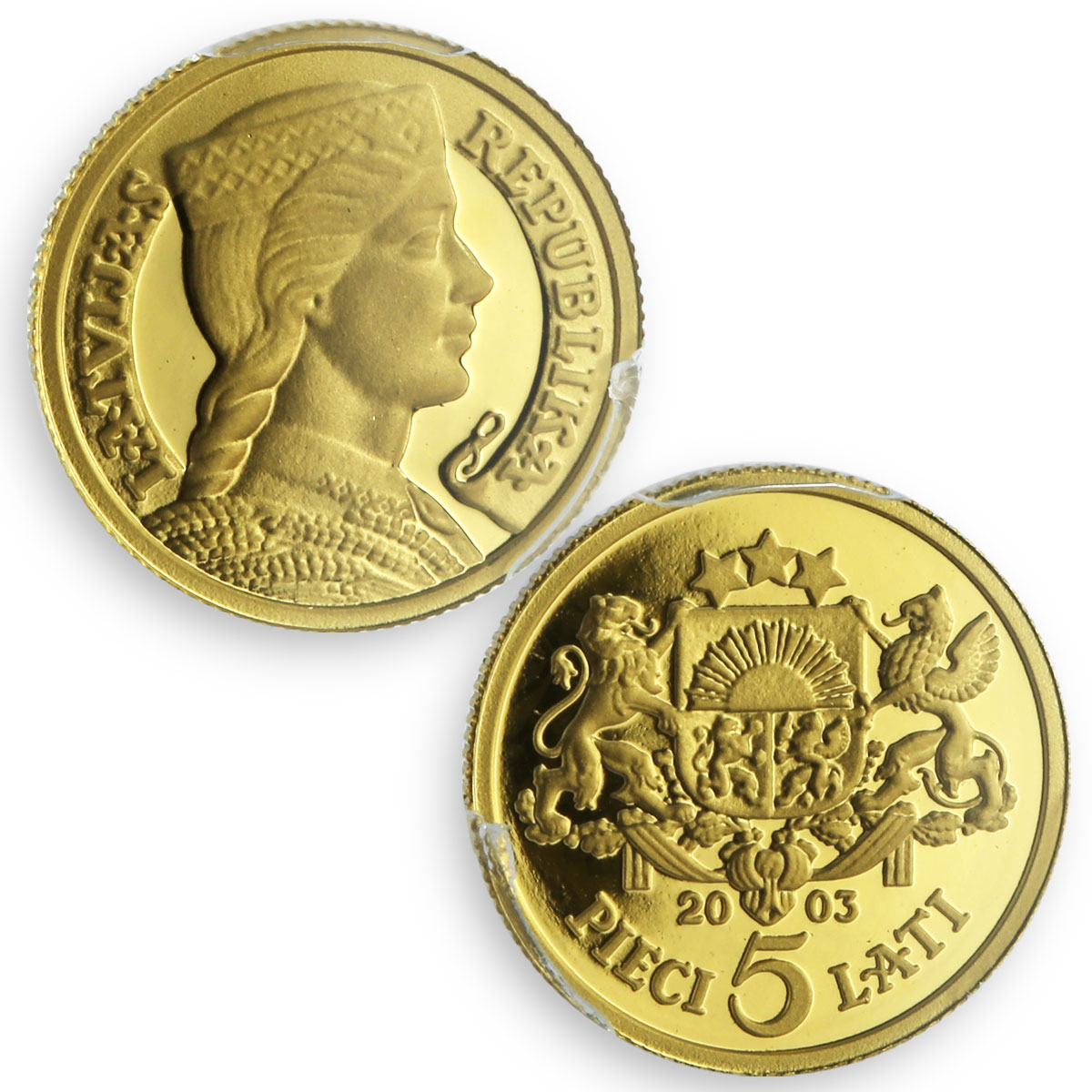 Latvia 5 lati New Lats 10th Anniversary Maiden KM-59 PR70 PCGS gold coin 2003