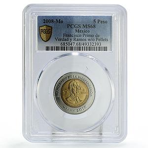Mexico 5 pesos Francisco Primo Verdad Ramos No Dots MS68 PCGS bimetal coin 2008