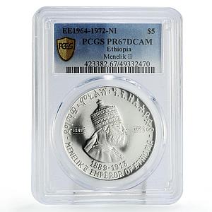 Ethiopia 5 dollars Emperor King Menelik II Politics PR67 PCGS silver coin 1972