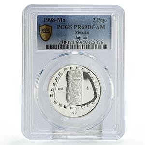 Mexico 2 pesos Precolombina Jaguar Carving Sculpture PR69 PCGS silver coin 1998