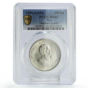 Peru 200 intis Marshal Caceres Birth Politics KM-299 MS65 PCGS silver coin 1986