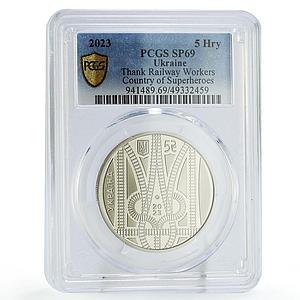 Ukraine 5 hryvnias Thank Railway Workers Railroads Trains SP69 PCGS Ni coin 2023