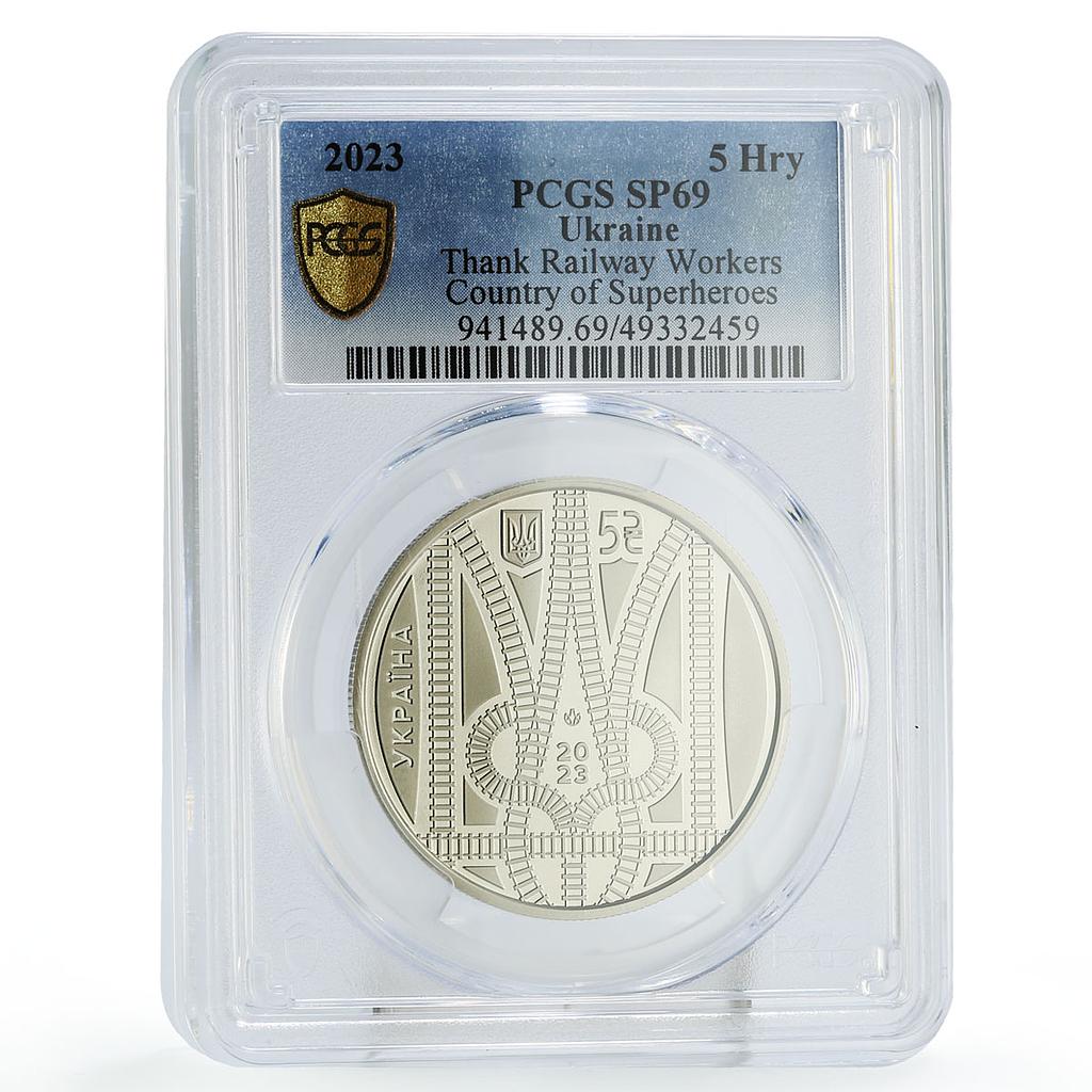 Ukraine 5 hryvnias Thank Railway Workers Railroads Trains SP69 PCGS Ni coin 2023
