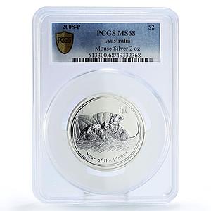 Australia 2 dollars Lunar Calendar II Mouse Year MS68 PCGS 2 oz silver coin 2008
