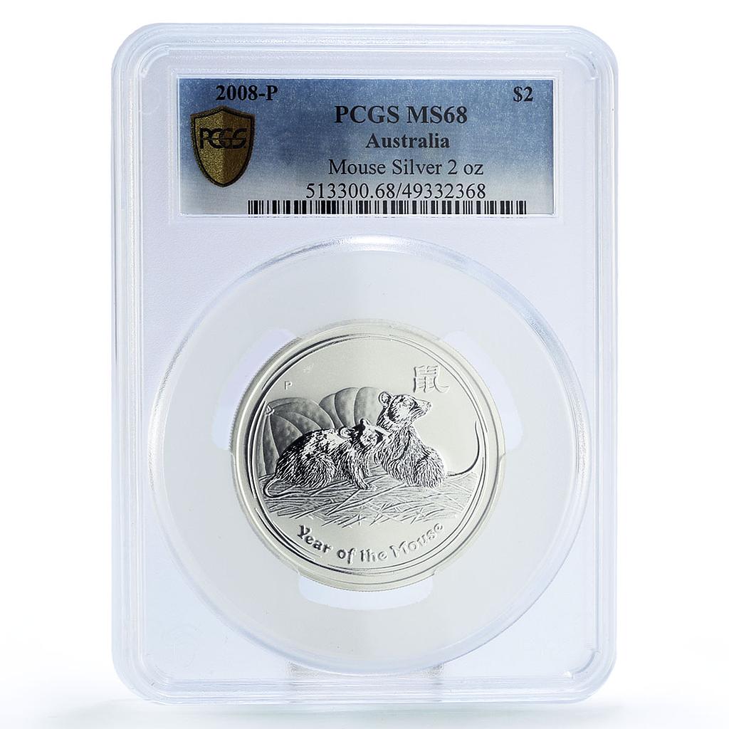 Australia 2 dollars Lunar Calendar II Mouse Year MS68 PCGS 2 oz silver coin 2008