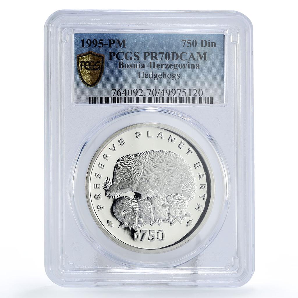 Bosnia Herzegovina 750 dinara Preserve Planet Hedgehogs PR70 PCGS Ag coin 1995