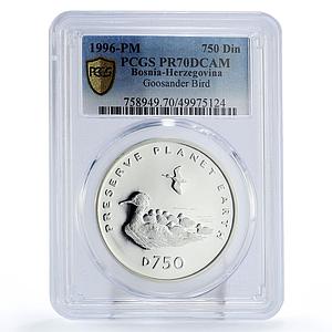 Bosnia Herzegovina 750 dinara Preserve Planet Goosander PR70 PCGS Ag coin 1996