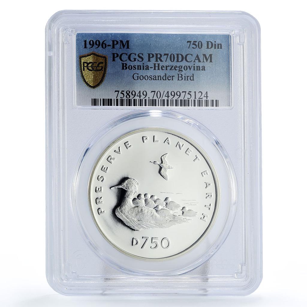 Bosnia Herzegovina 750 dinara Preserve Planet Goosander PR70 PCGS Ag coin 1996