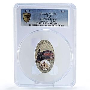Fiji 10 dollars Railways Railroads Trains Merddin Emrys MS70 PCGS Ag coin 2013