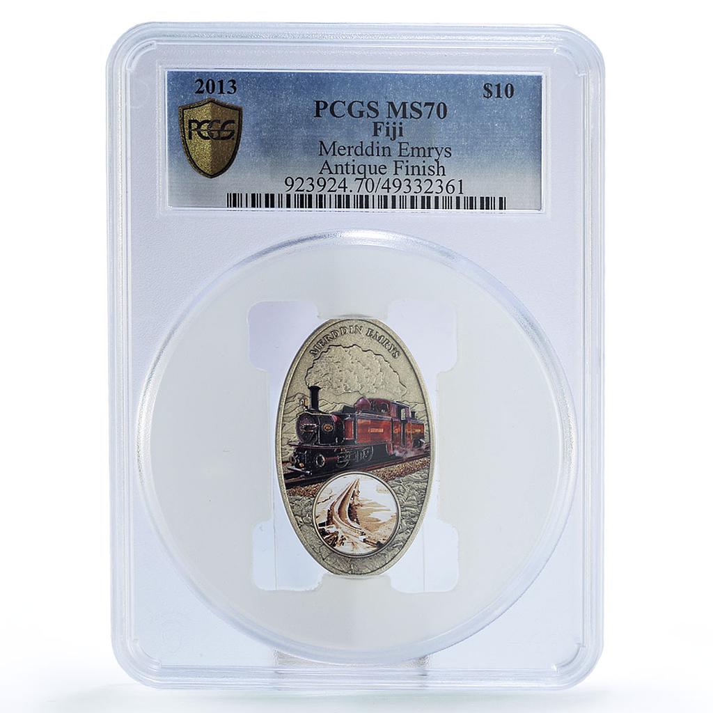 Fiji 10 dollars Railways Railroads Trains Merddin Emrys MS70 PCGS Ag coin 2013
