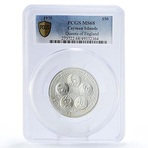 Cayman Islands 50 dollars England Queens Politics MS68 PCGS silver coin 1975