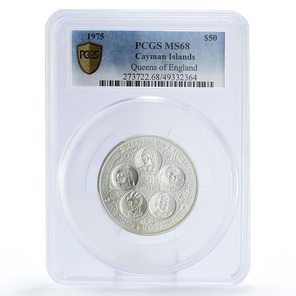 Cayman Islands 50 dollars England Queens Politics MS68 PCGS silver coin 1975
