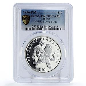 Liberia 10 dollars Preserve Planet Earth Love Birds PR68 PCGS silver coin 1996
