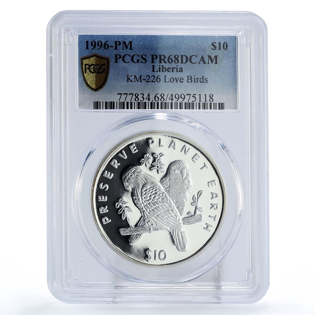 Liberia 10 dollars Preserve Planet Earth Love Birds PR68 PCGS silver coin 1996