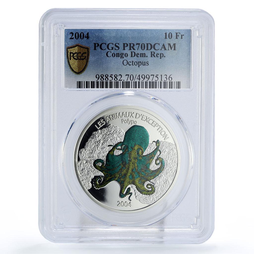 Congo 10 francs Conservation Marine Life Octopus Fauna PR70 PCGS Ag coin 2004