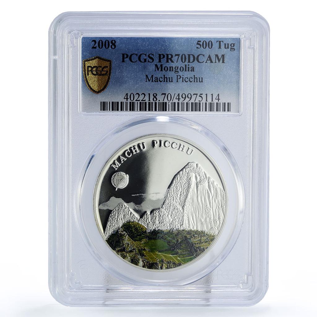 Mongolia 500 togrog New Wonders Peru Machu Picchu PR70 PCGS silver coin 2008