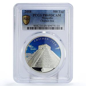 Mongolia 500 togrog New Wonders Mexico Chichen Itza PR69 PCGS silver coin 2008
