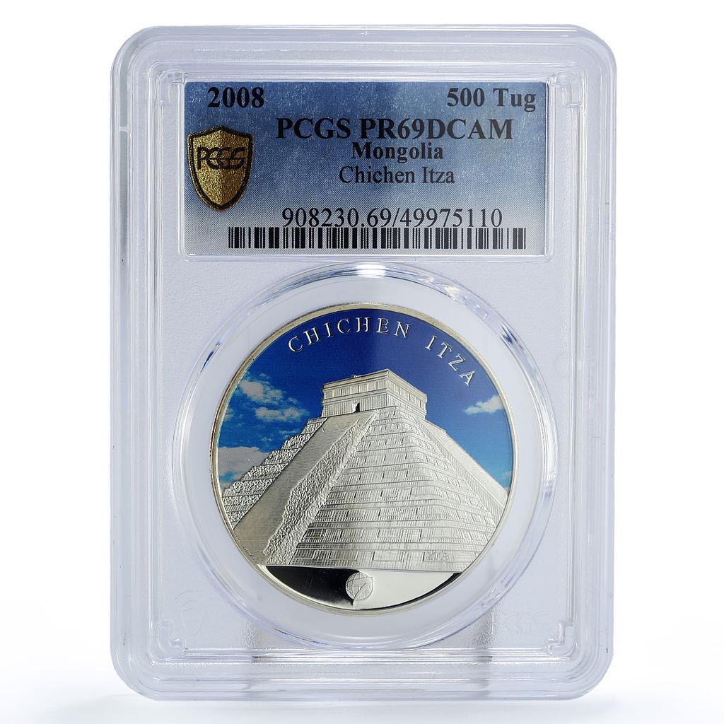 Mongolia 500 togrog New Wonders Mexico Chichen Itza PR69 PCGS silver coin 2008